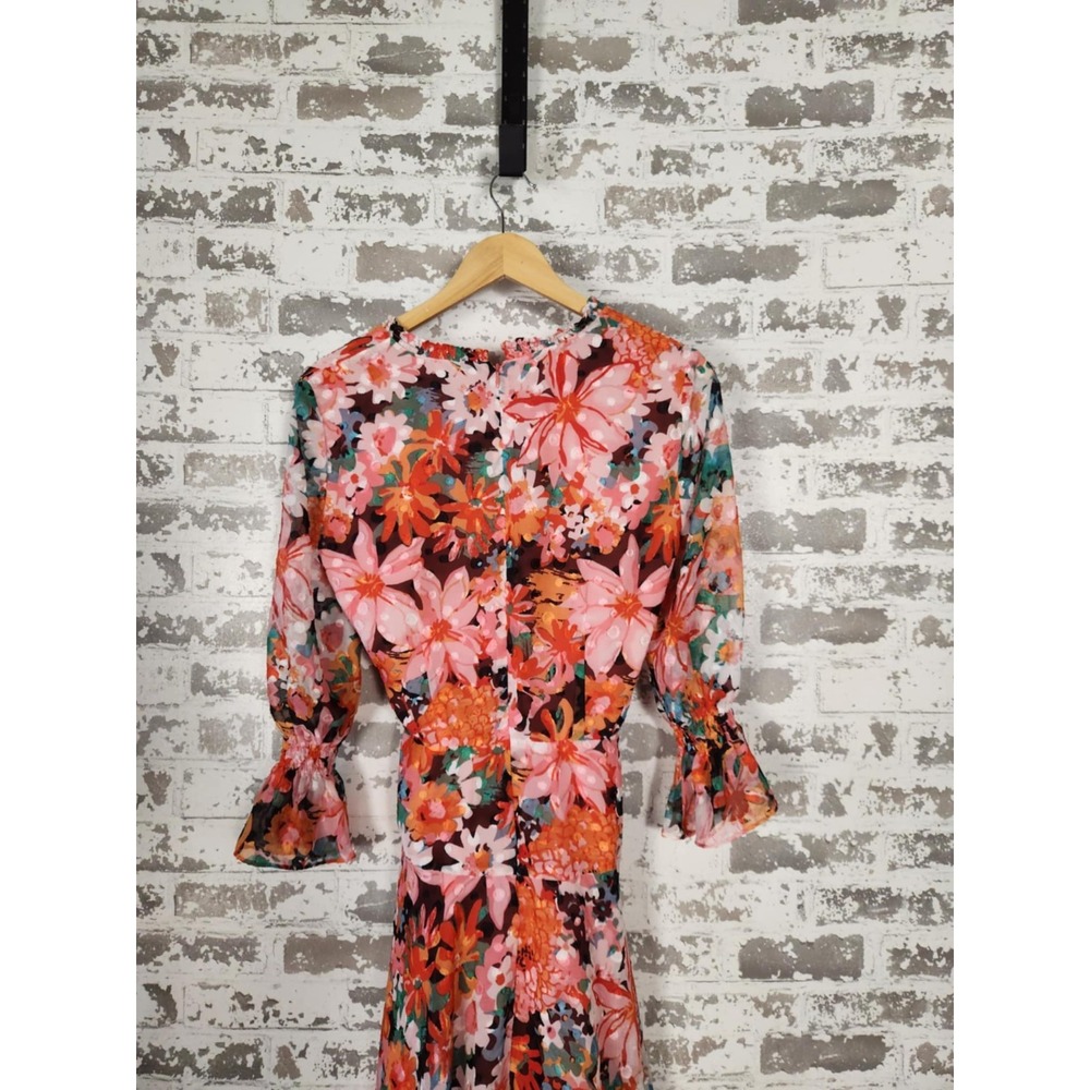 Tahari Arthur S. Levine Faux Wrap Dress Size 8 Red Pink Floral Belted 3/4 Sleeve - Picture 8 of 16